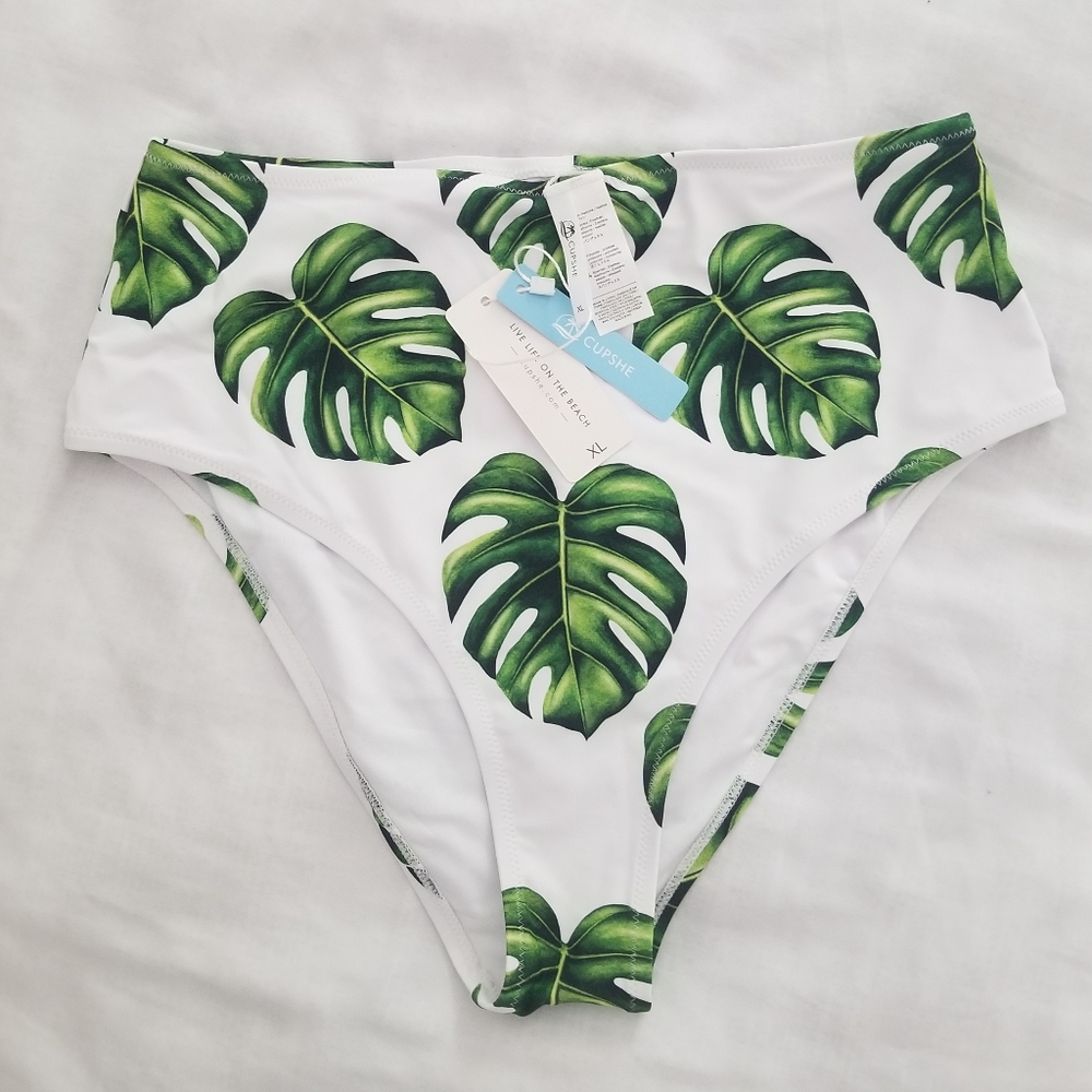 Cupshe Women's High-waist Bikini Bottom Green and White Size XL